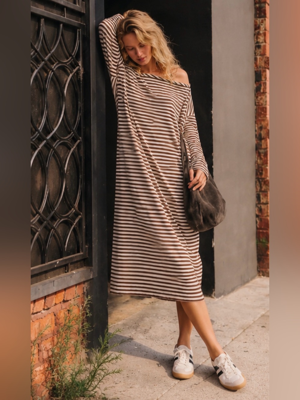 Free People Free-est Tivoli Maxi Dress Brown Striped Oversized Cotton XS